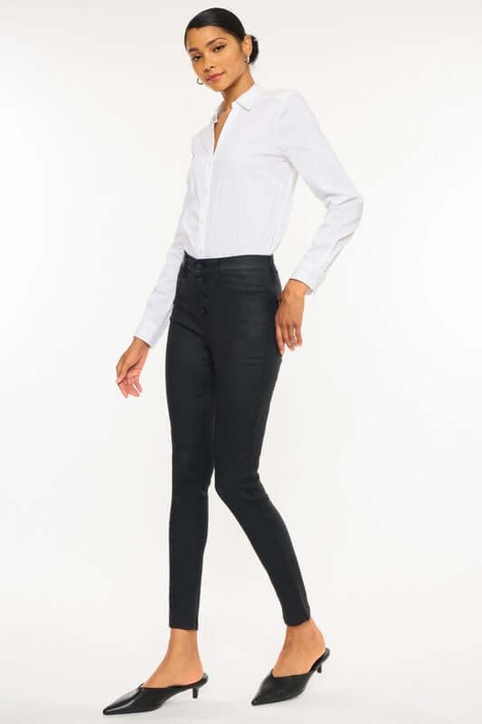 Black High Rise Black Coated Ankle Skinny Jeans