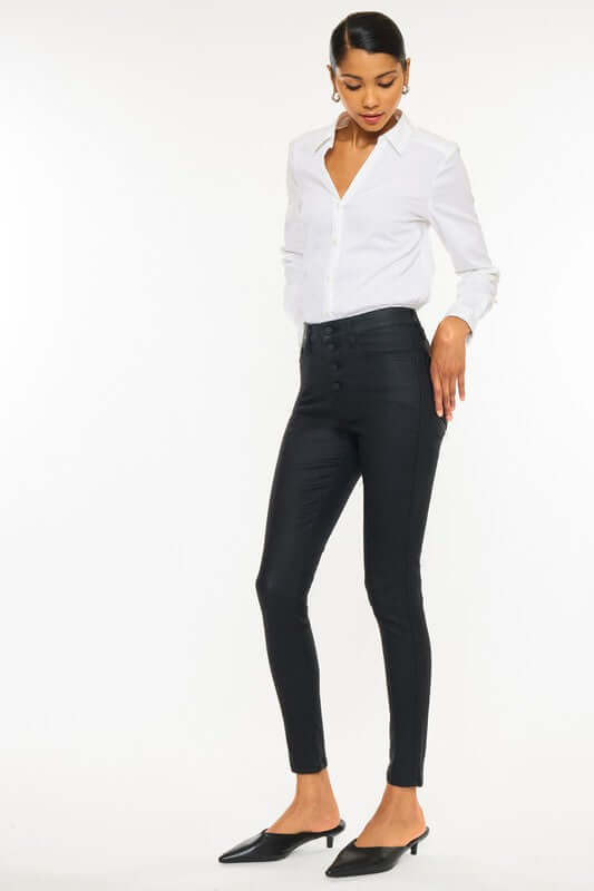 Black High Rise Black Coated Ankle Skinny Jeans