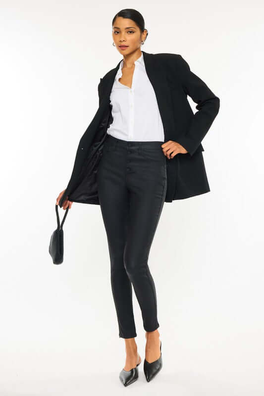 Black High Rise Black Coated Ankle Skinny Jeans