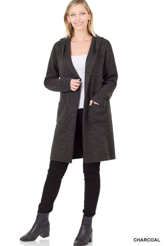 Essential Hooded Open Front Long Cardigan, ZENANA, $ 56.95