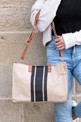 Shop Women's Black & Navy Canvas Stripe Tote Shoulder Bag Handbag, Handbags, USA Boutique