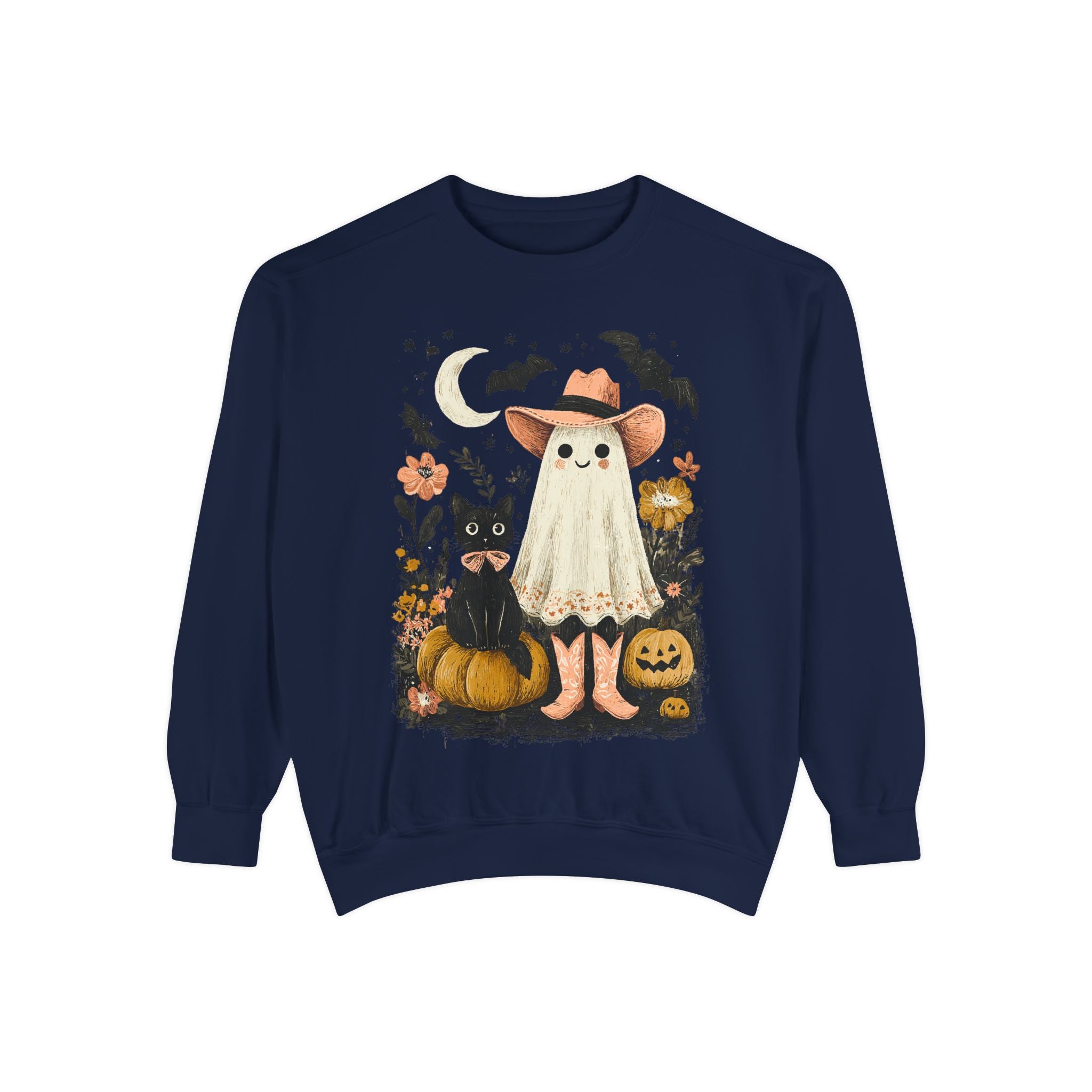 Halloween Ghost Costume Sweatshirt — Cute Ghost, Black Cat & Pumpkins Fall Pullover - sweatshirt product image 15