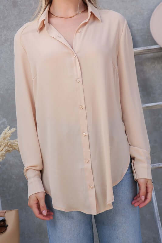 Oversized Long Sleeve Button Down Chiffon Blouse