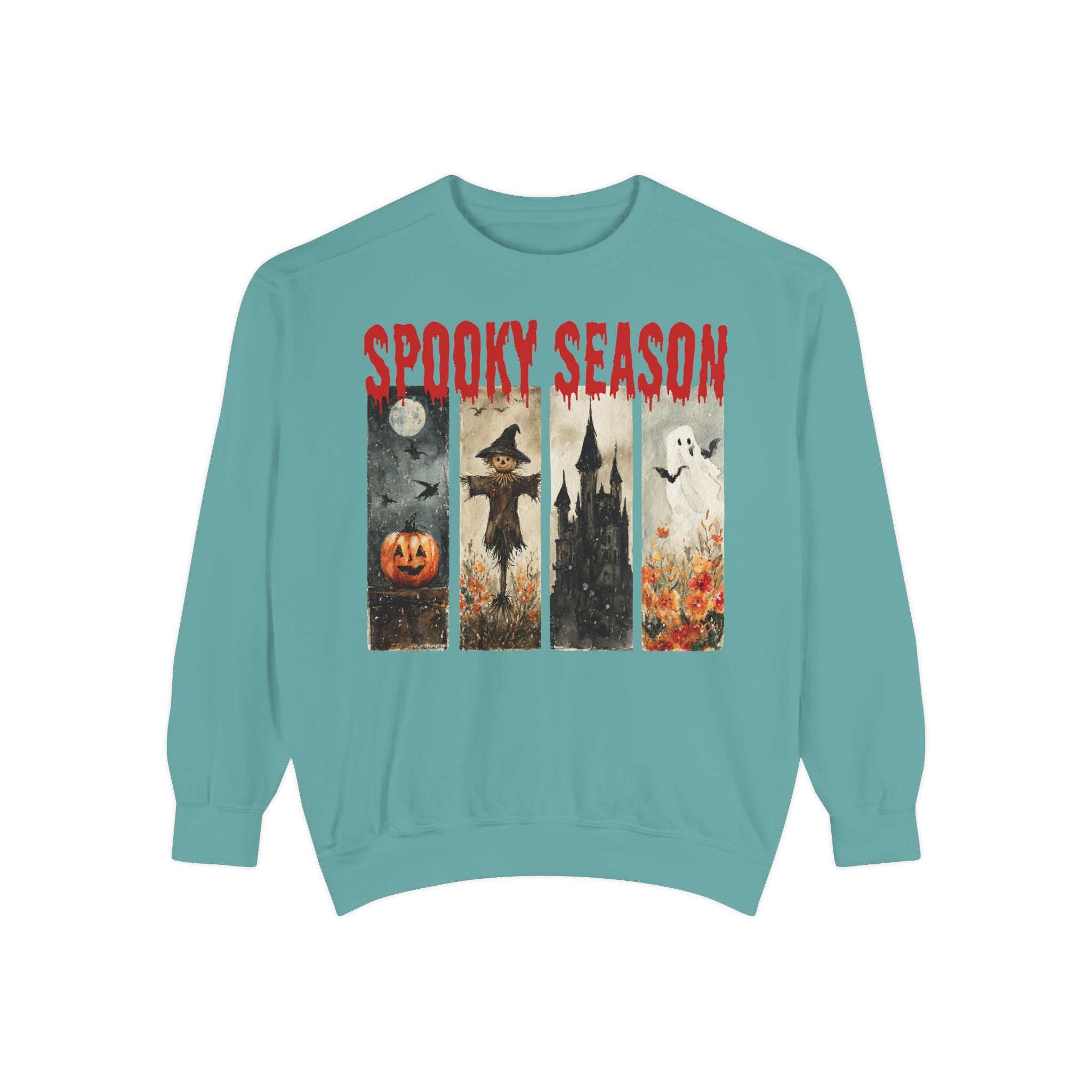 Spooky Season Halloween sweatshirt with vintage pumpkin, witch and ghost graphic — product mockup