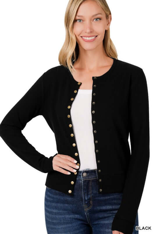 Crew Neck Snap button Soft Sweater Cardigan