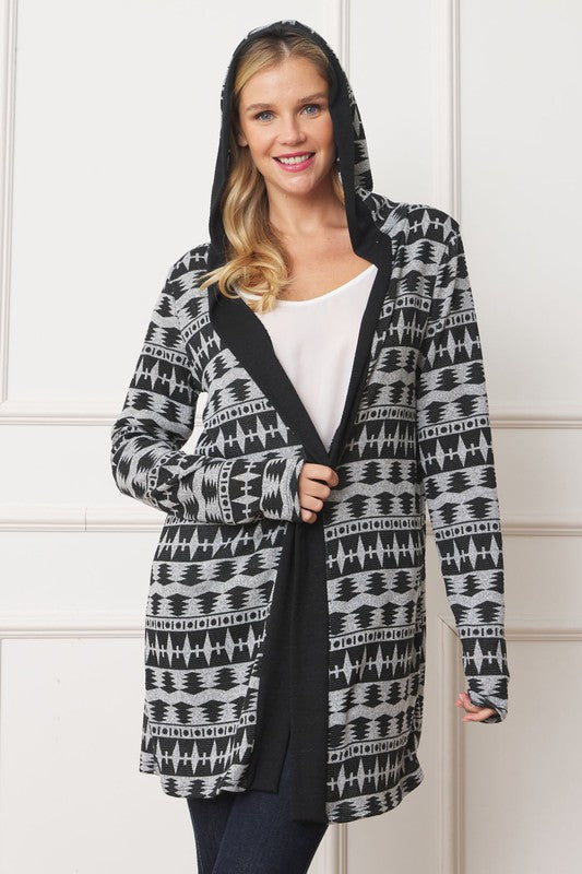 Shop Plus Size Nordic Long Tribal Print Hooded Cardigan | Boutique Clothing, Cardigans, USA Boutique