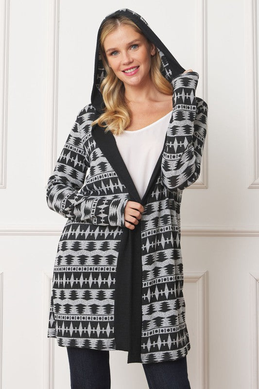 Shop Plus Size Nordic Long Tribal Print Hooded Cardigan | Boutique Clothing, Cardigans, USA Boutique