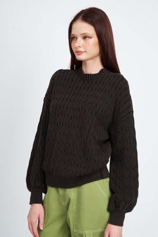 Shop Black Green or Blue Bubble Sleeves Cable Knit Top | Boutique Clothing, , USA Boutique