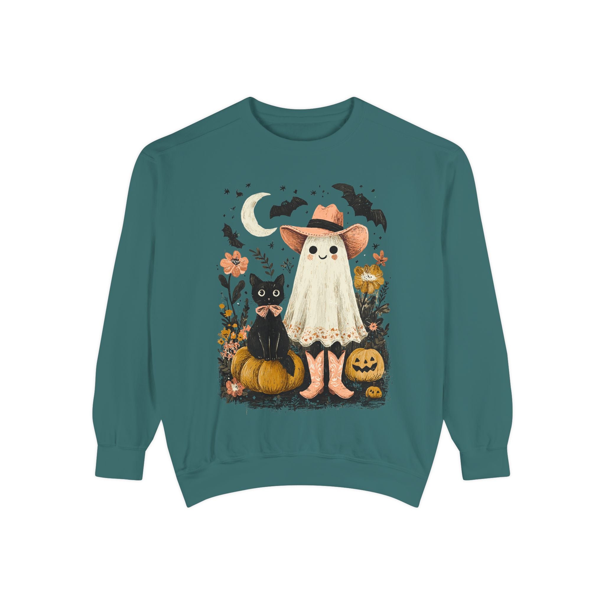 Halloween Ghost Costume Sweatshirt — Cute Ghost, Black Cat & Pumpkins Fall Pullover - sweatshirt product image 8