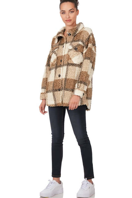 Camel Sherpa Plaid Shacket Jacket With Pockets, ZENANA, $ 60.95