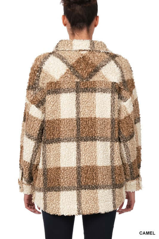 Camel Sherpa Plaid Shacket Jacket With Pockets, ZENANA, $ 60.95