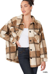 Camel Sherpa Plaid Shacket Jacket With Pockets, ZENANA, $ 60.95