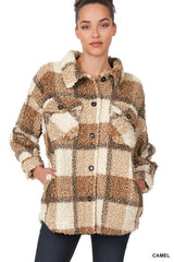 Camel Sherpa Plaid Shacket Jacket With Pockets, ZENANA, $ 60.95