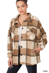 Camel Sherpa Plaid Shacket Jacket With Pockets, ZENANA, $ 60.95