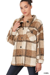 Camel Sherpa Plaid Shacket Jacket With Pockets, ZENANA, $ 60.95