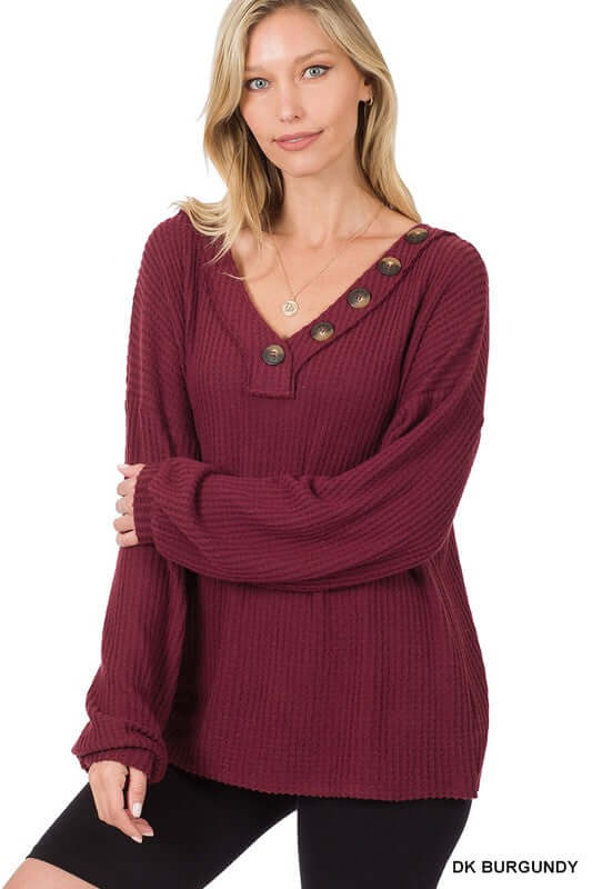 Brushed Thermal Waffle Button Detail Sweater, ZENANA, $ 29.95