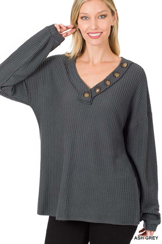 Brushed Thermal Waffle Button Detail Sweater, ZENANA, $ 29.95