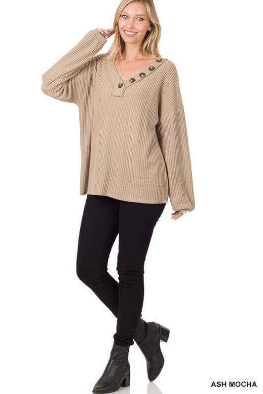 Brushed Thermal Waffle Button Detail Sweater, ZENANA, $ 29.95