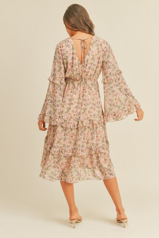 Boho Cream  Floral Print Midi Dress