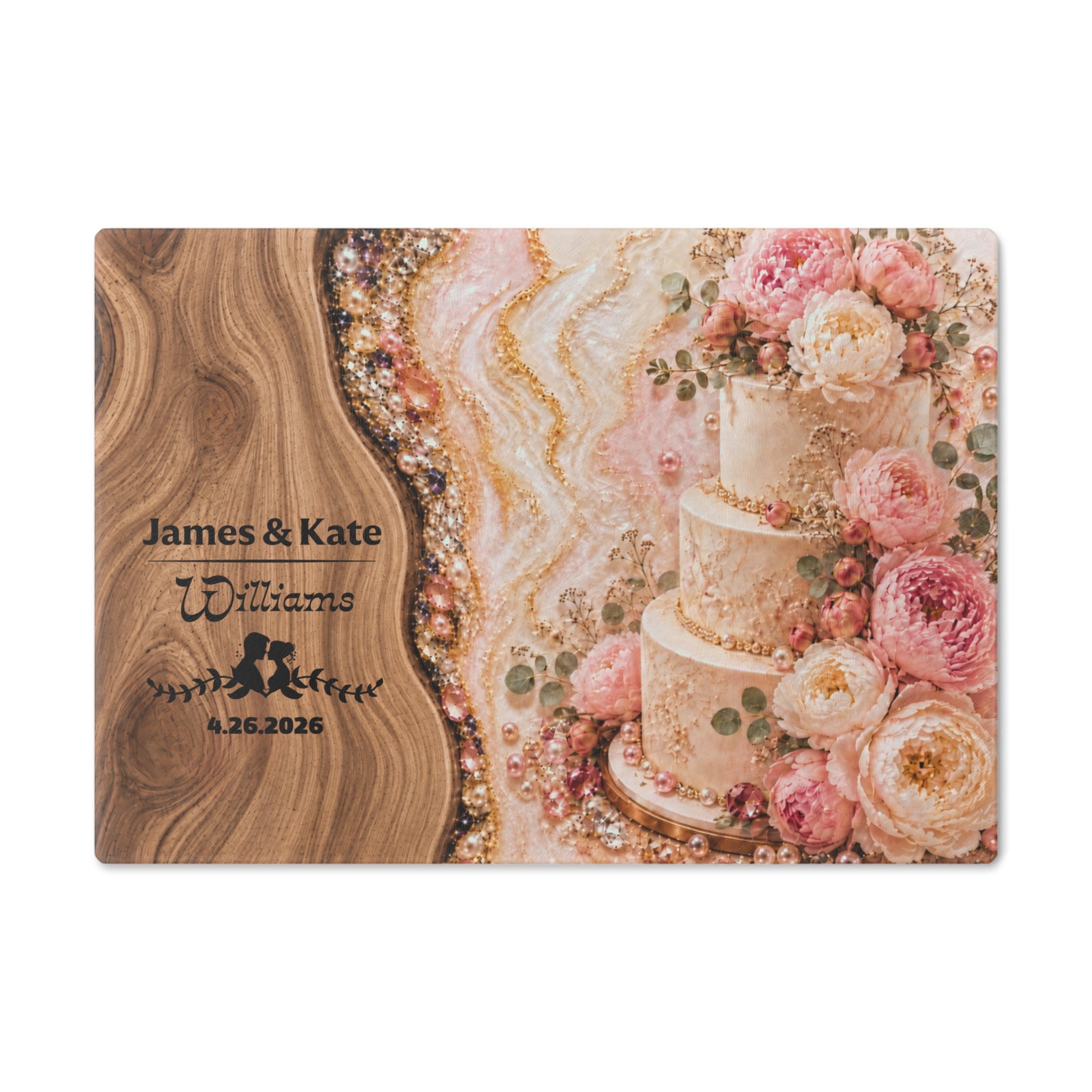 Personalized Wedding Gift Glass Cutting Board — Floral Cake & Wood Grain | Names & Date