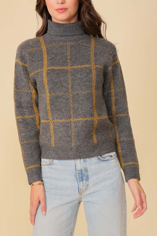 Grey Yellow Plaid Turtle Neck Sweater