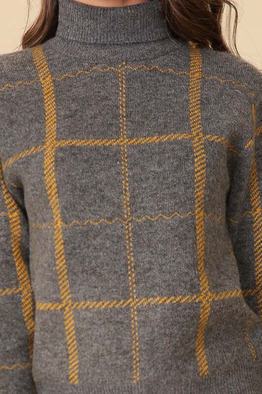 Grey Yellow Plaid Turtle Neck Sweater