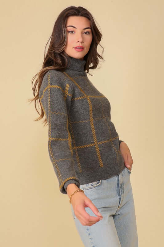 Grey Yellow Plaid Turtle Neck Sweater