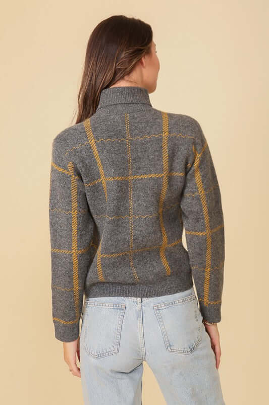 Grey Yellow Plaid Turtle Neck Sweater