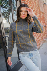 Grey Yellow Plaid Turtle Neck Sweater