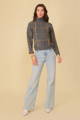 Grey Yellow Plaid Turtle Neck Sweater