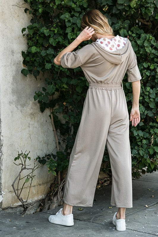 French Terry Wide Leg Hooded Jumpsuit w Pockets