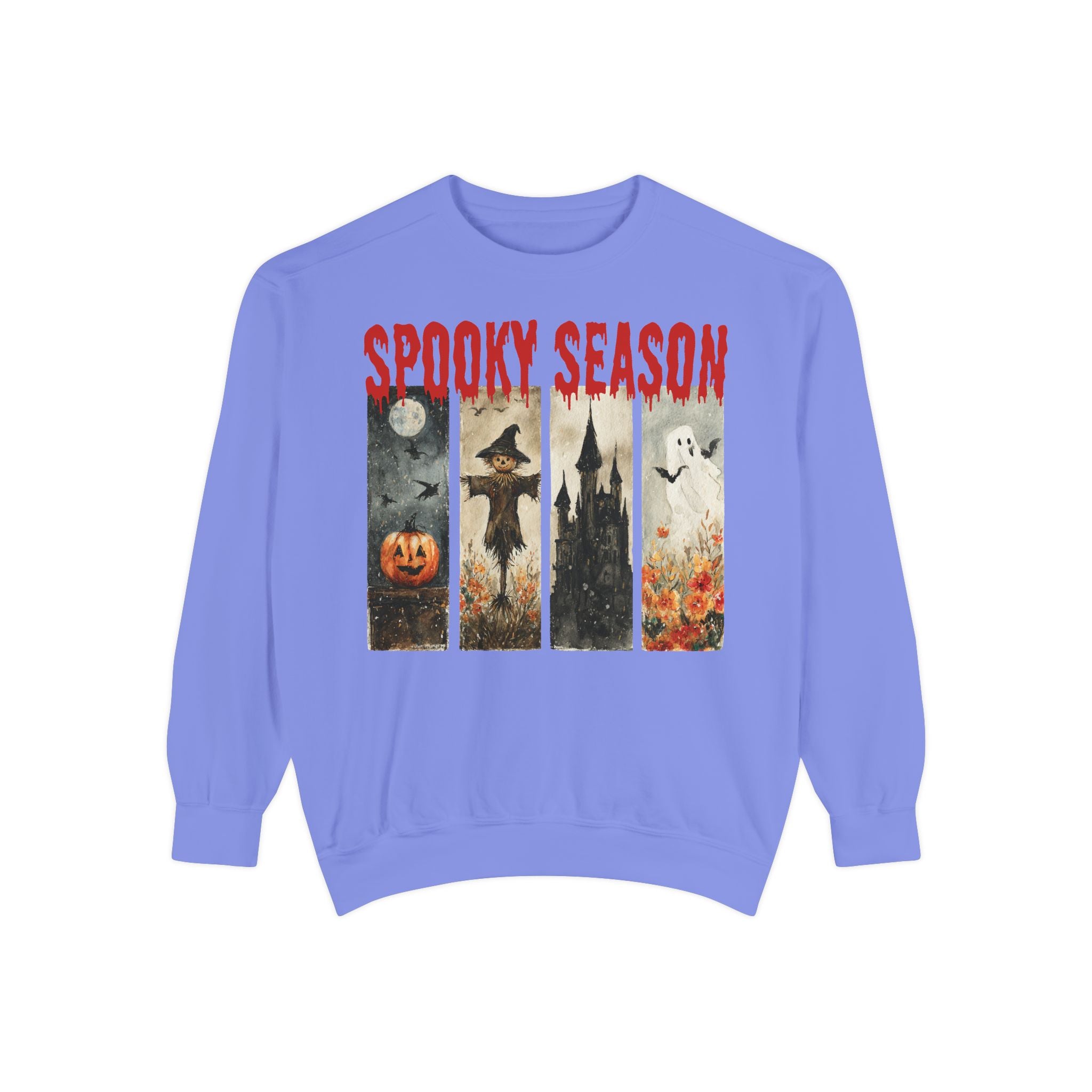 Spooky Season Halloween sweatshirt with vintage pumpkin, witch and ghost graphic — product mockup