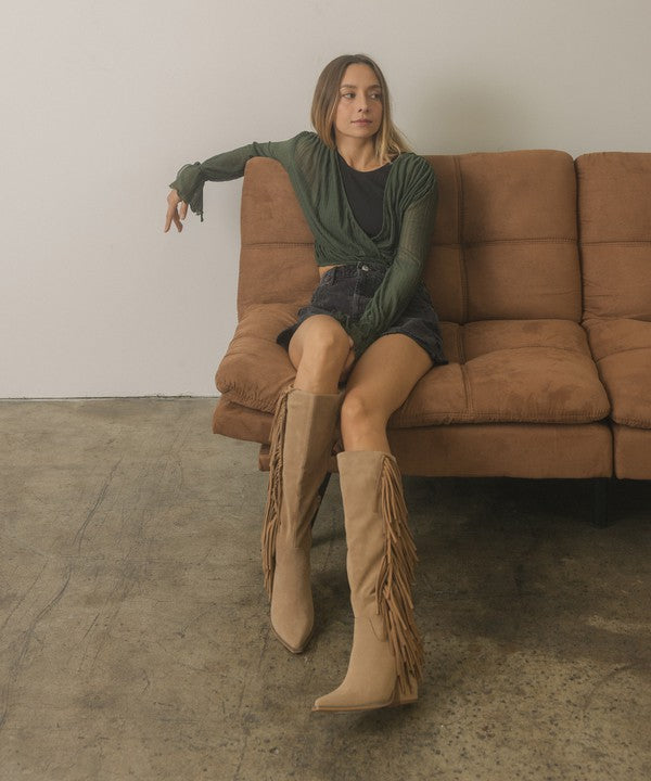 OASIS SOCIETY OUT WEST - Brown Knee-High Fringe Boots, KKE Originals, $ 103.95