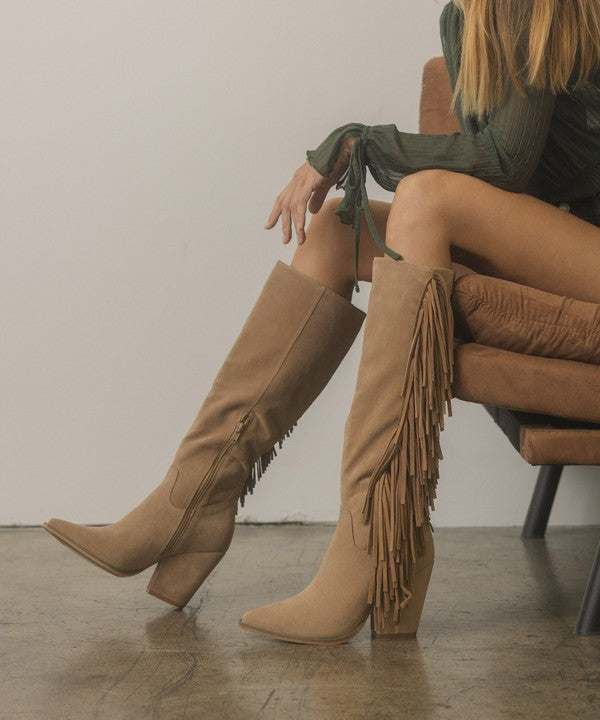 Shop OASIS SOCIETY OUT WEST -Women's Brown Knee-High Fringe Boots, Tall Boots, USA Boutique