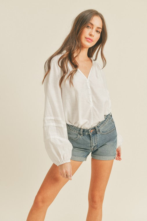 Casual Puffy Sleeve Relaxed Button Top