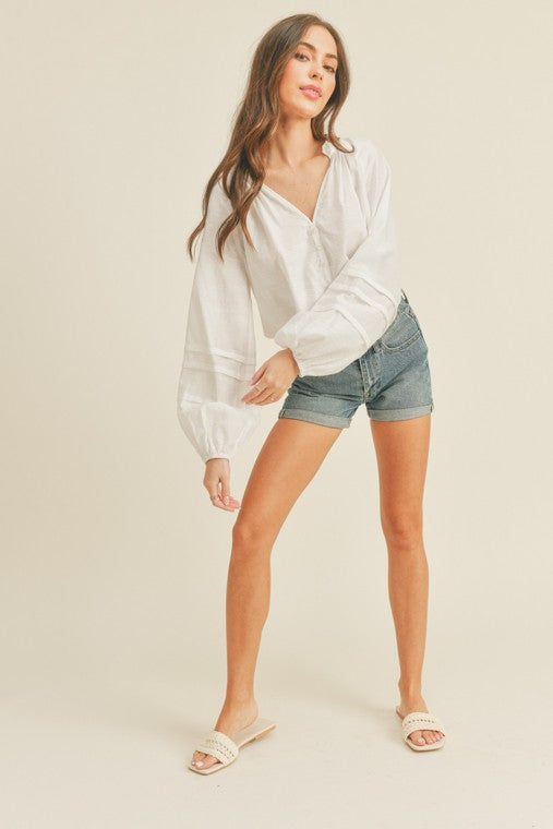 Casual Puffy Sleeve Relaxed Button Top