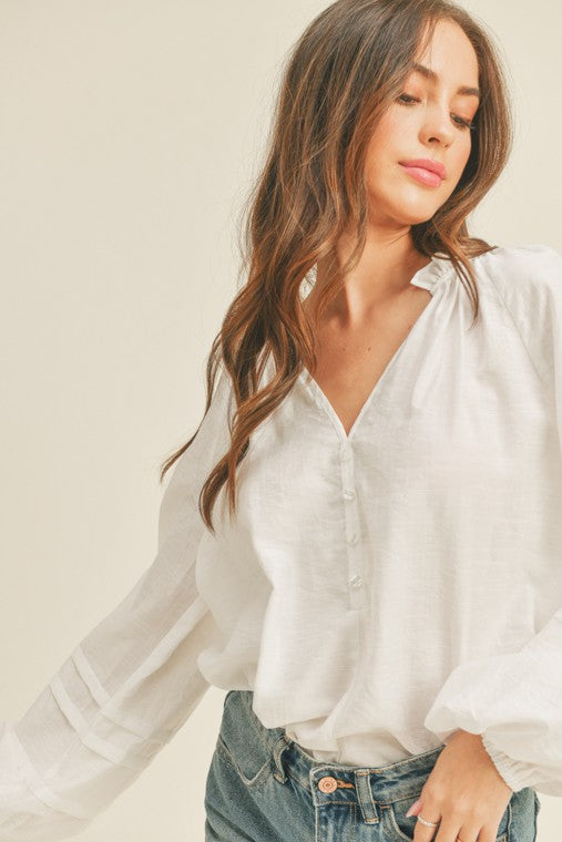 Casual Puffy Sleeve Relaxed Button Top