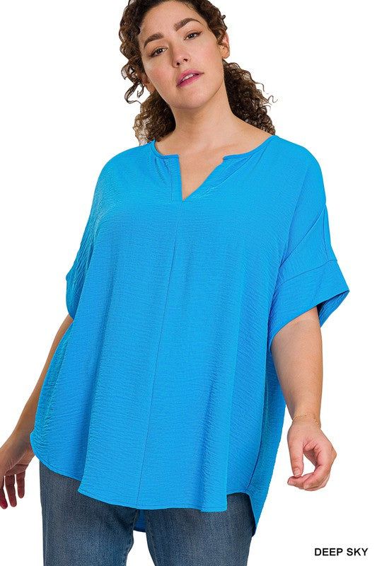 WOVEN AIRFLOW SPLIT NECK SHORT SLEEVE TOP, ZENANA, $ 25.00