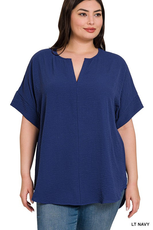 WOVEN AIRFLOW SPLIT NECK SHORT SLEEVE TOP, ZENANA, $ 25.00