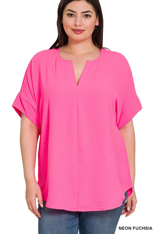 WOVEN AIRFLOW SPLIT NECK SHORT SLEEVE TOP, ZENANA, $ 25.00