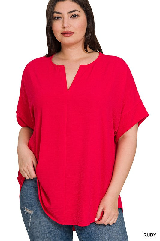 WOVEN AIRFLOW SPLIT NECK SHORT SLEEVE TOP, ZENANA, $ 25.00