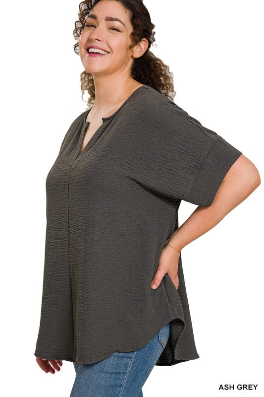 WOVEN AIRFLOW SPLIT NECK SHORT SLEEVE TOP, ZENANA, $ 25.00