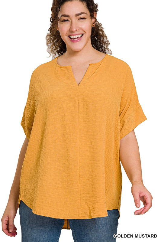 WOVEN AIRFLOW SPLIT NECK SHORT SLEEVE TOP, ZENANA, $ 25.00