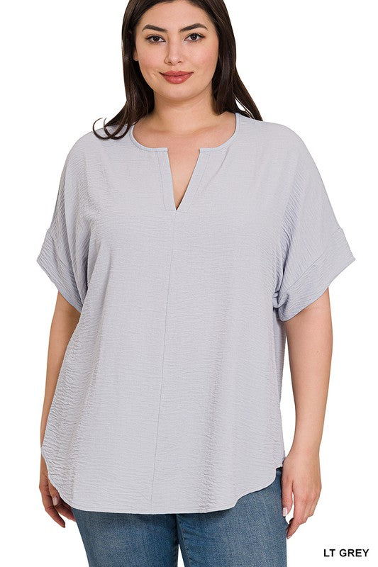 WOVEN AIRFLOW SPLIT NECK SHORT SLEEVE TOP, ZENANA, $ 25.00