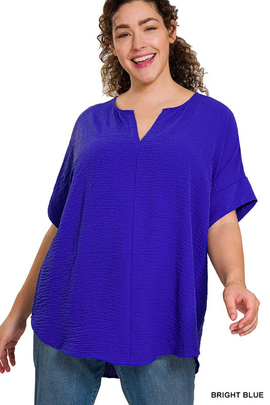 WOVEN AIRFLOW SPLIT NECK SHORT SLEEVE TOP, ZENANA, $ 25.00