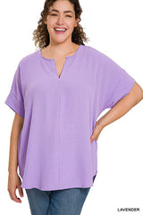 WOVEN AIRFLOW SPLIT NECK SHORT SLEEVE TOP, ZENANA, $ 25.00