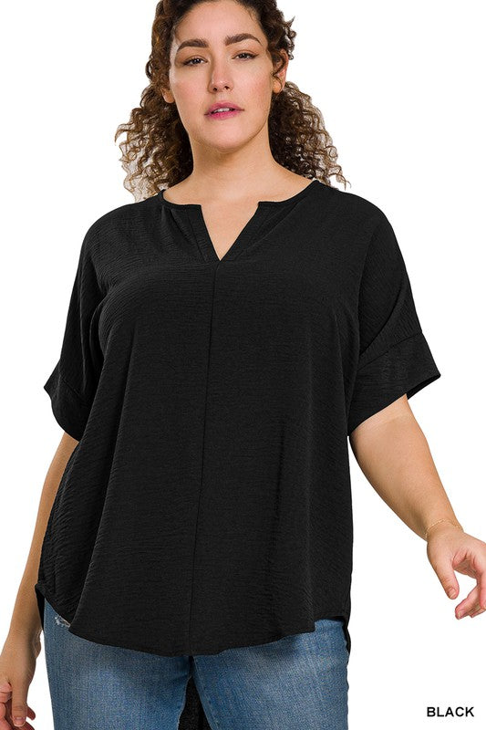 WOVEN AIRFLOW SPLIT NECK SHORT SLEEVE TOP, ZENANA, $ 25.00