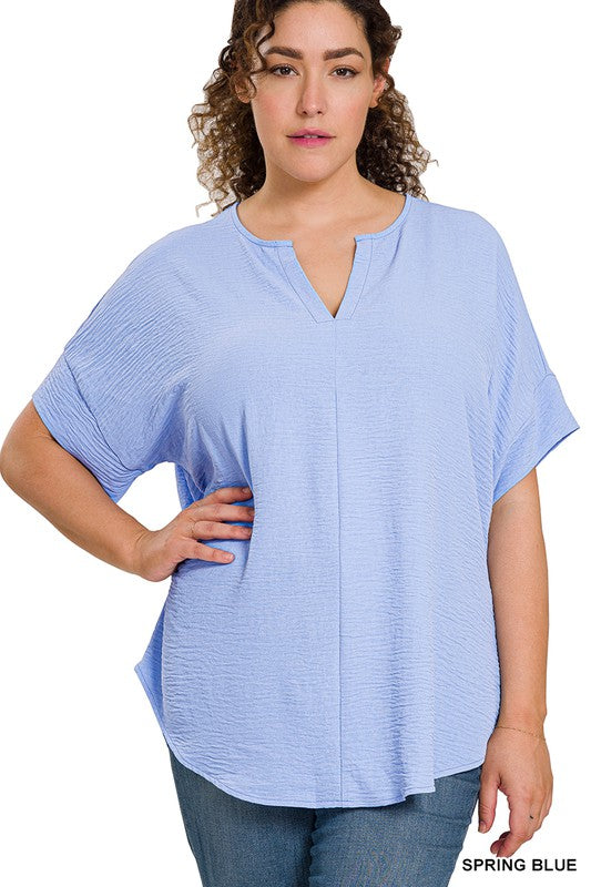 WOVEN AIRFLOW SPLIT NECK SHORT SLEEVE TOP, ZENANA, $ 18.00