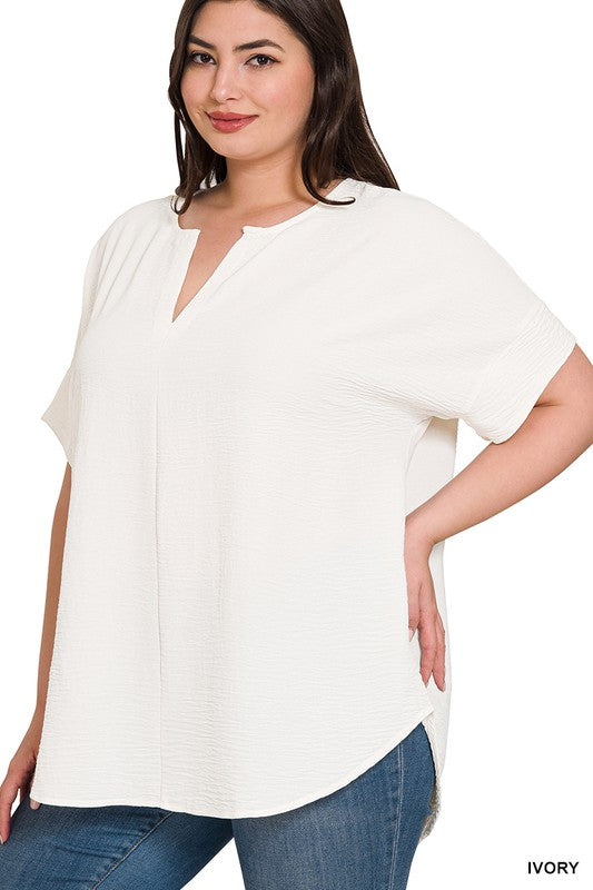 WOVEN AIRFLOW SPLIT NECK SHORT SLEEVE TOP, ZENANA, $ 25.00