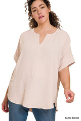 WOVEN AIRFLOW SPLIT NECK SHORT SLEEVE TOP, ZENANA, $ 25.00